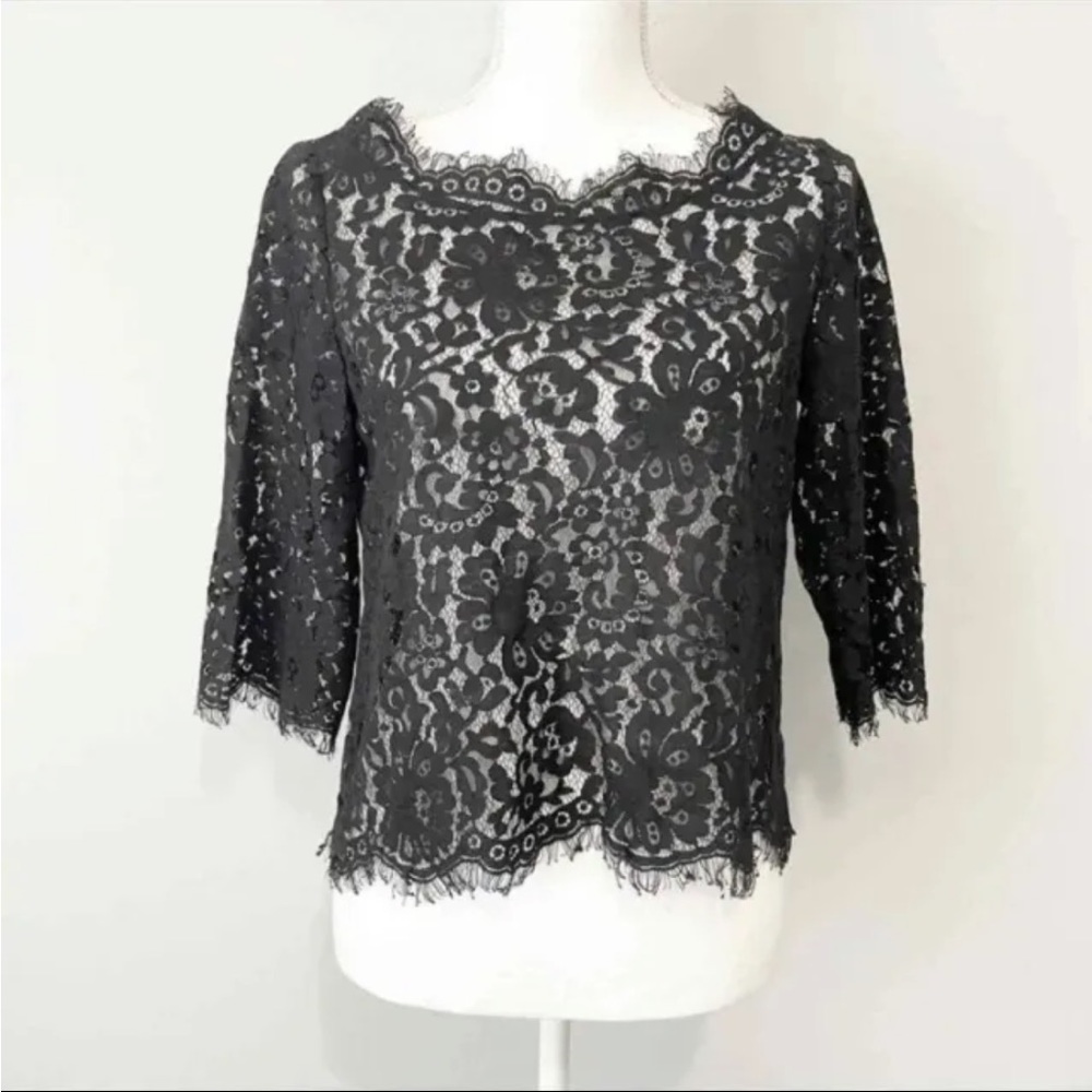 JOIE Allover Lace Elvia C Top in Black Caviar Sheer Transparent Button Down Back